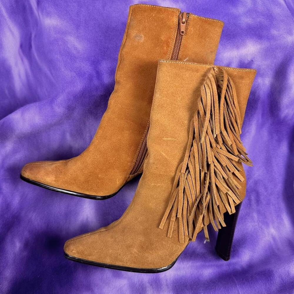 VTG Leather Suede tan fringed ankle booties size 7